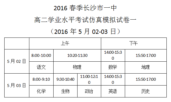 2016春季長沙市一中高二學(xué)業(yè)水平考試仿真模擬試卷一考試時間安排(2016.5.2-3)